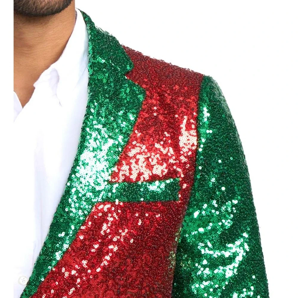 Mens Red Green Sequin Holiday Blazer Christmas Party Sport Coat Two Tone Jacket